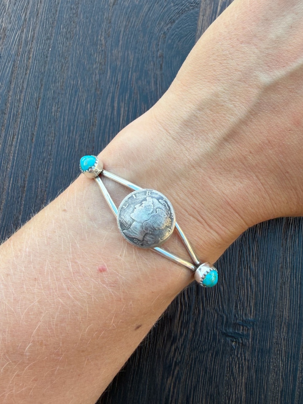 Liberty Coin Sterling Silver Turquoise Cuff Bracelet - Native Made and Signed